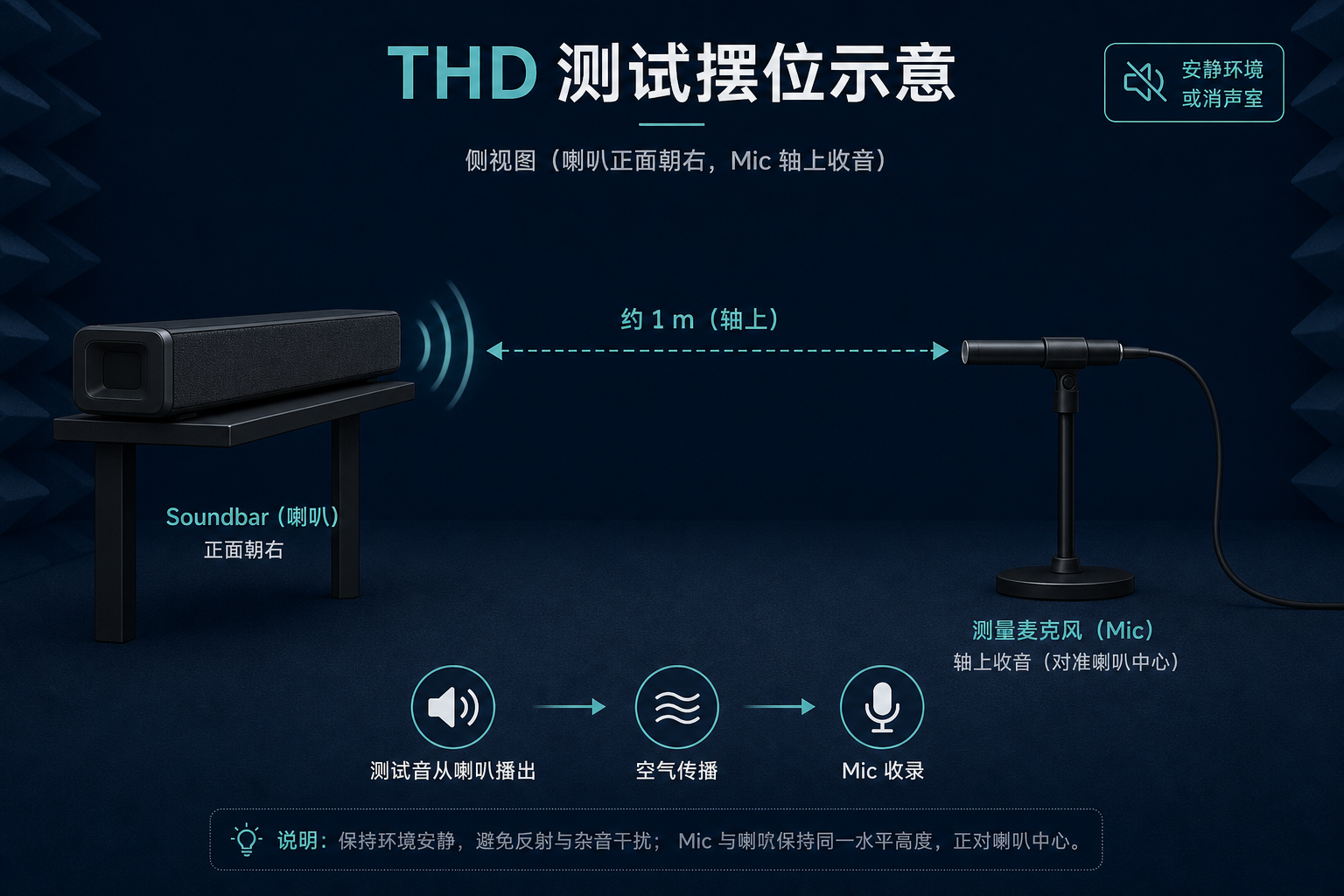 THD 测试摆位：喇叭与麦约 1 m 轴上